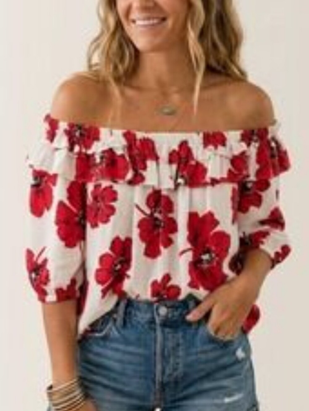 Ba&sh Lady Top Floral Off The Shoulder Ruffle Blouse Cream with Red Large